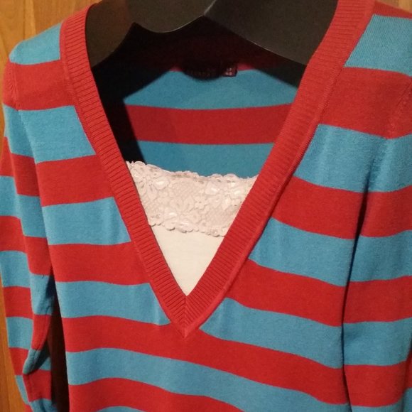 Red and Turquoise Striped Sweatshirt - Picture 1 of 6